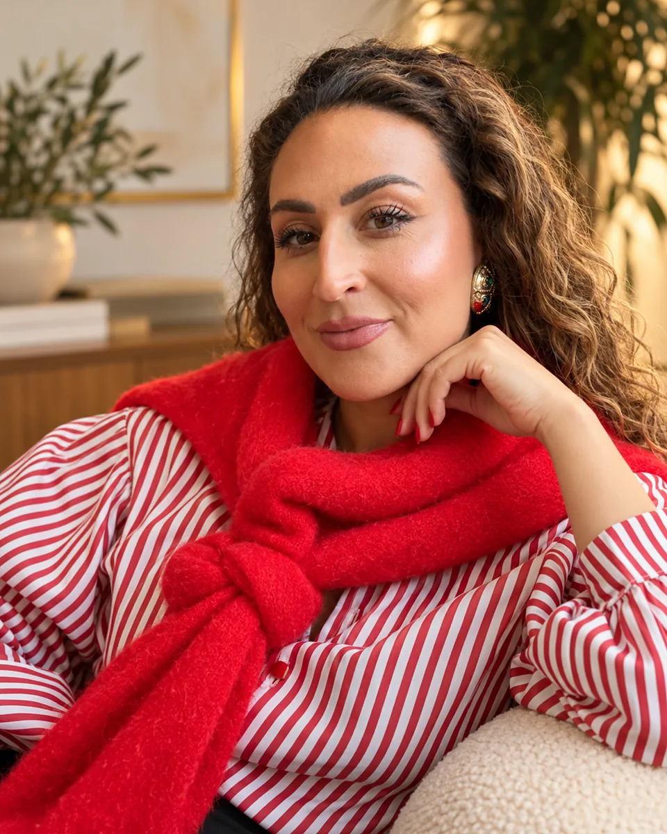 Jenna in a red scarf and striped shirt, resting her chin on her hand