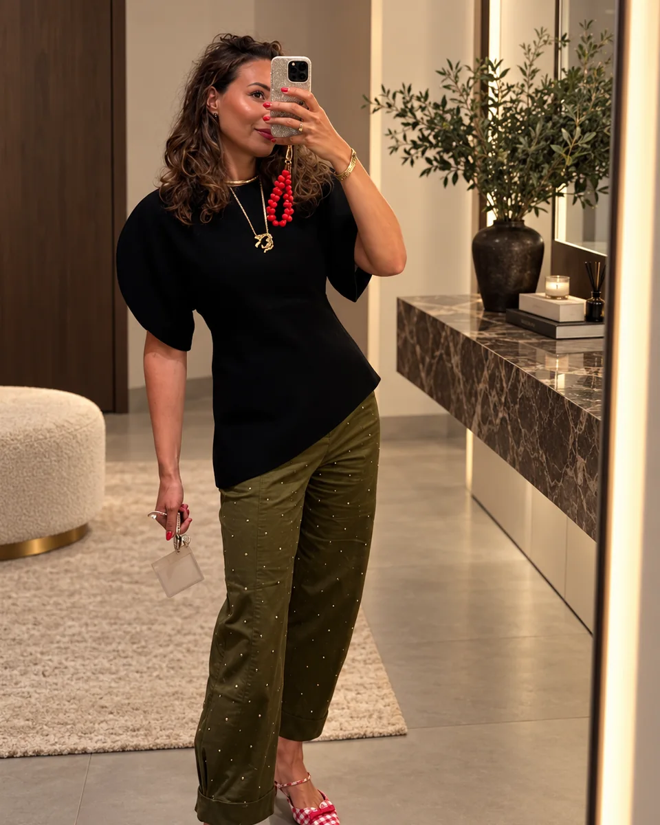Jenna taking a mirror photograph in a black top and olive trousers