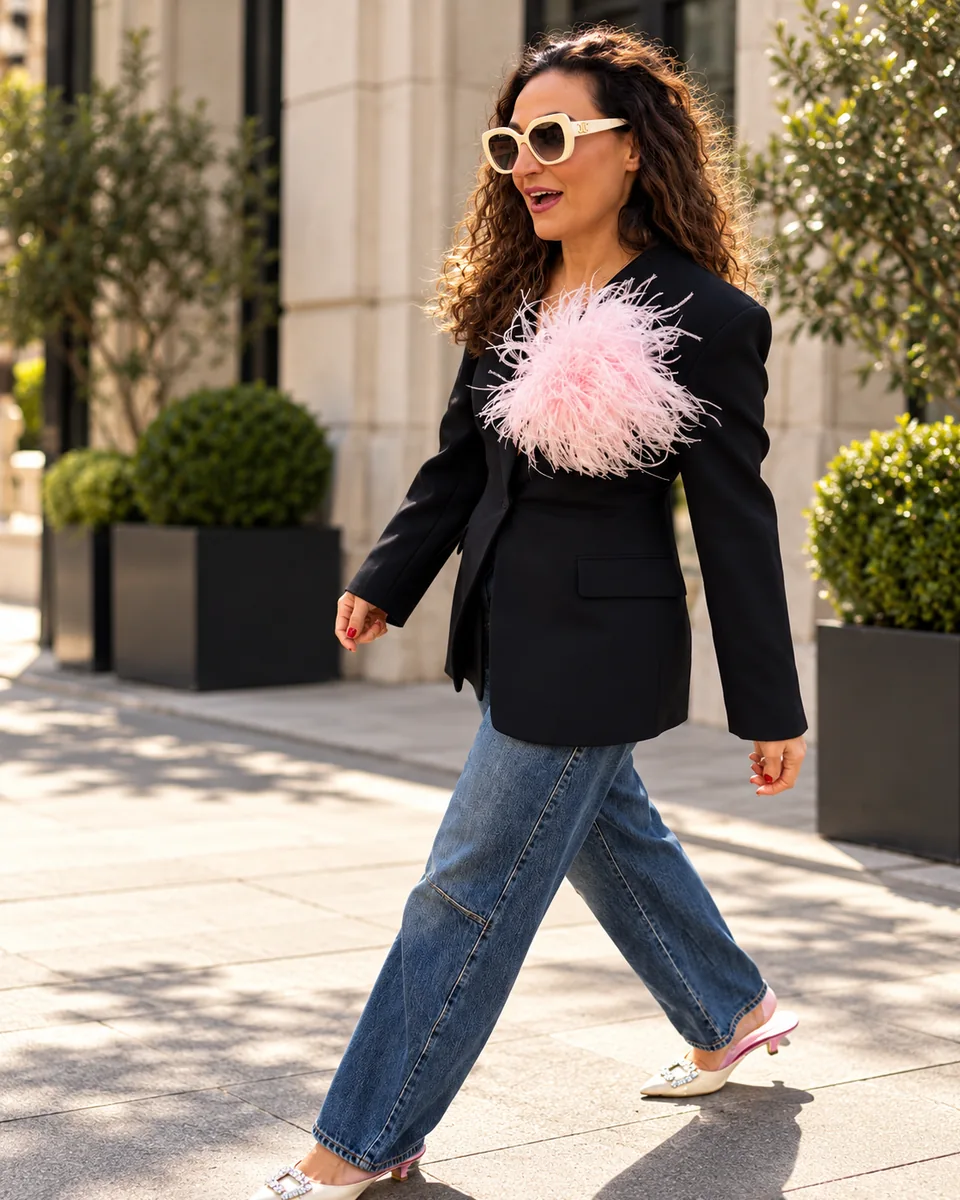 Jenna walking outdoors in a black blazer with a pink feather detail
